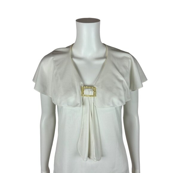 Vintage 70s Necktie Top Women's Small White Flutter Sleeves Capelet Buckle - Picture 3 of 11